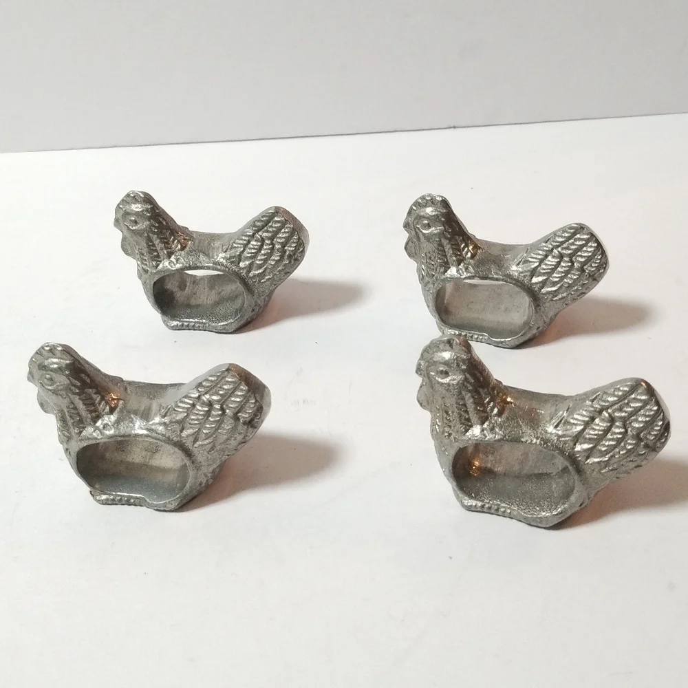 Lot of 4 Chicken Pewter Napkin Ring Holders Set Vintage Chicken Napkin Rings